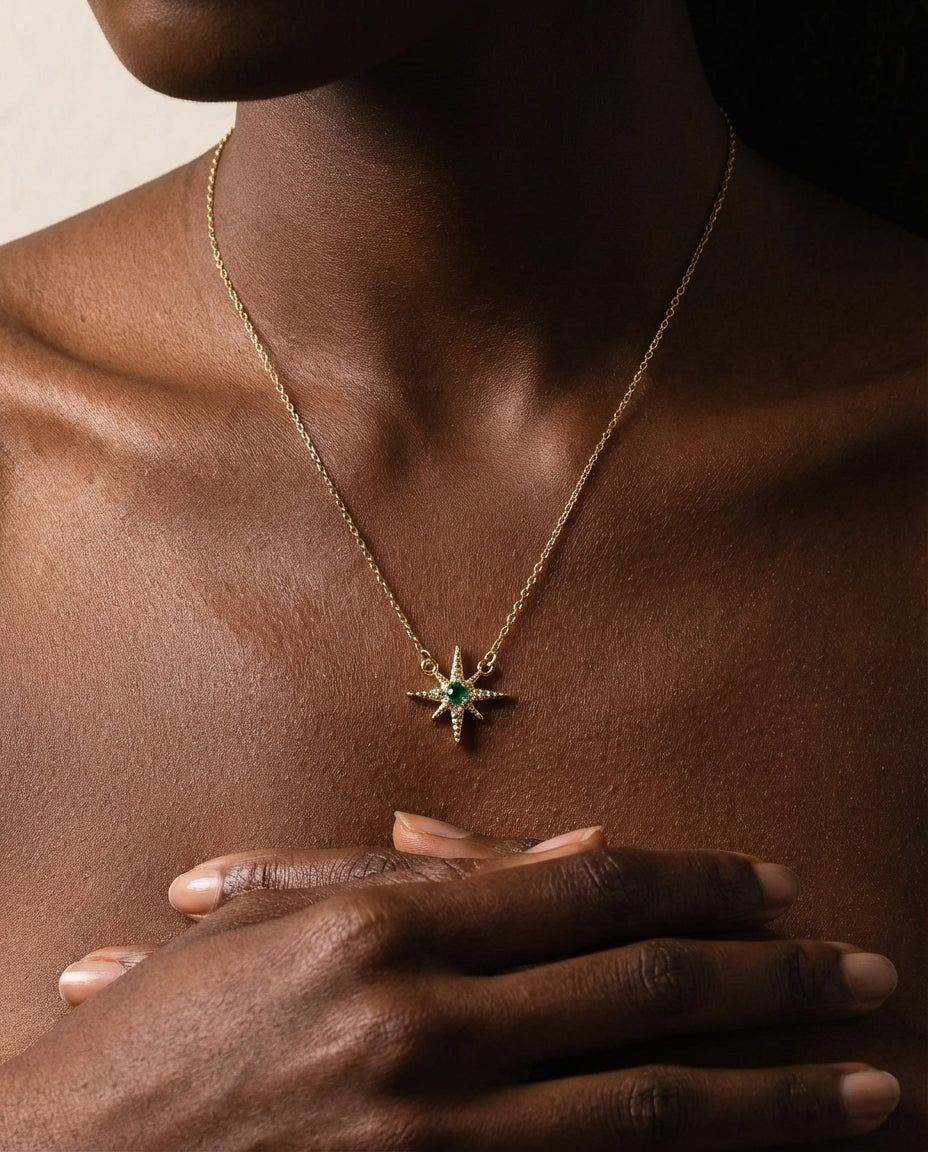 Emerald Starburst Gold Pendant Necklace | Celestial Jewelry
