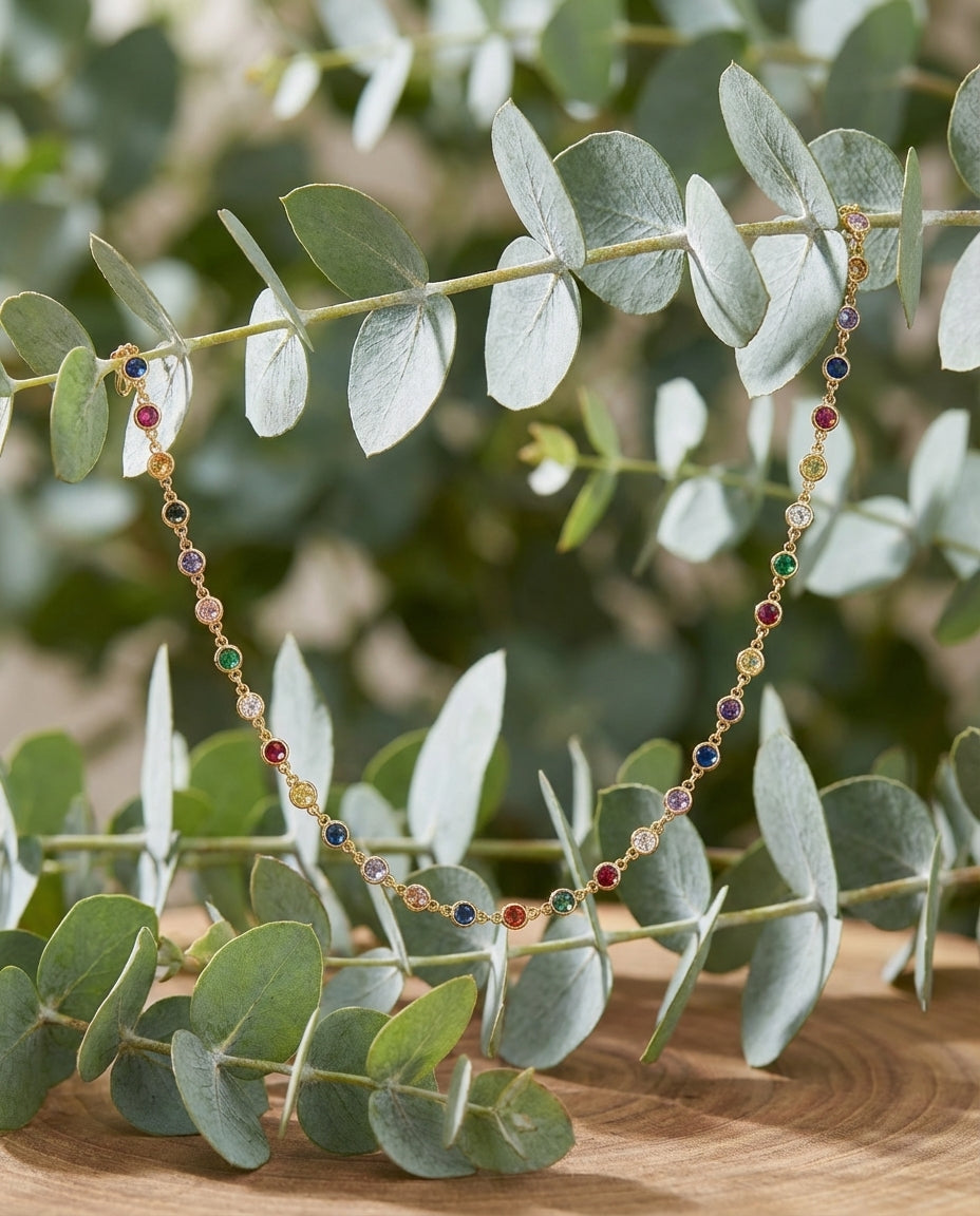 Vivid Rainbow Gemstone Gold Station Necklace