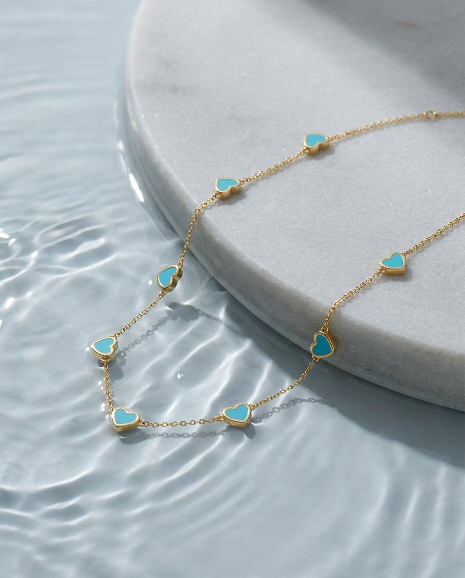 Dainty Gold Necklace with Turquoise Heart Charms