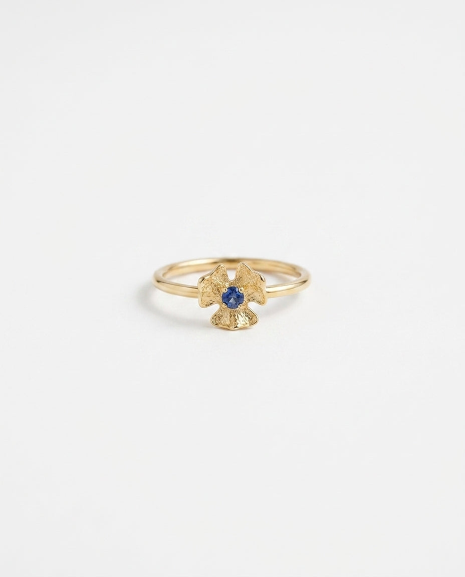 Gold Sapphire Flower Ring, Elegant Botanical Jewelry, Birthstone Jewelry