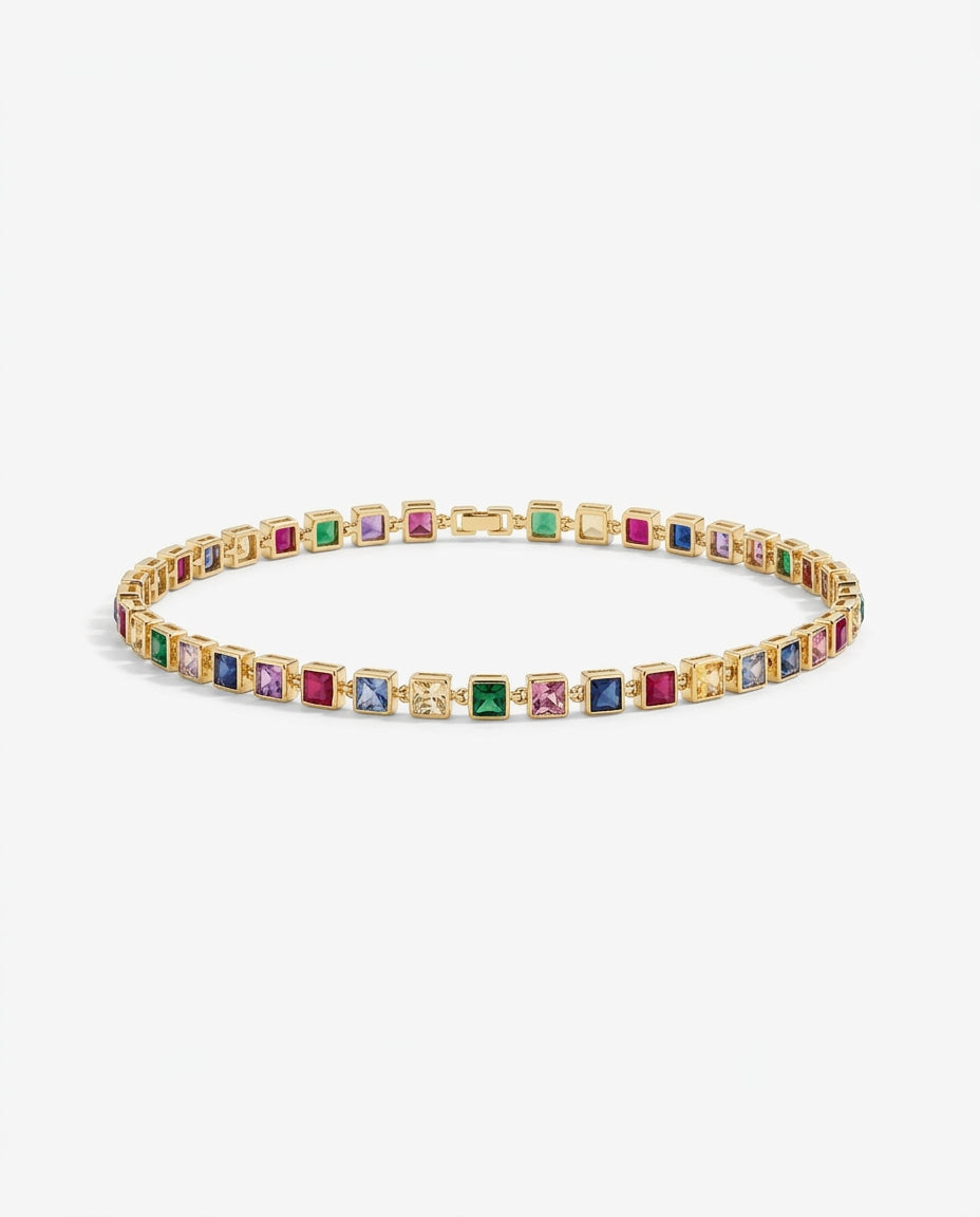 Rainbow Crystal Tennis Necklace - Gold Square-Cut Choker