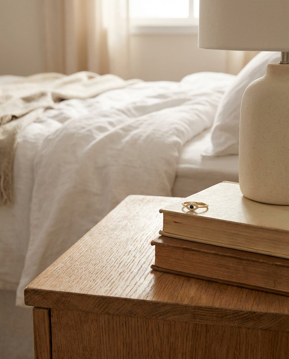 Dainty Gold Evil Eye Ring with Diamond & Sapphire