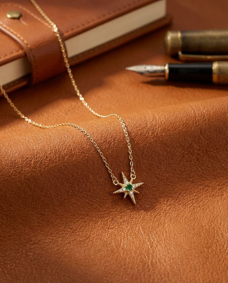 Emerald Starburst Gold Pendant Necklace | Celestial Jewelry
