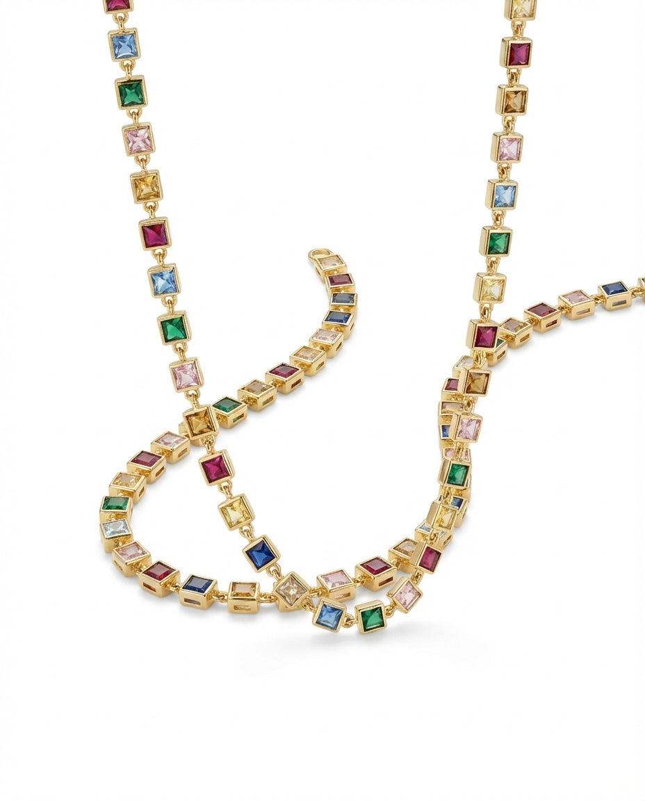 Vivid Rainbow Gemstone Gold Tennis Necklace