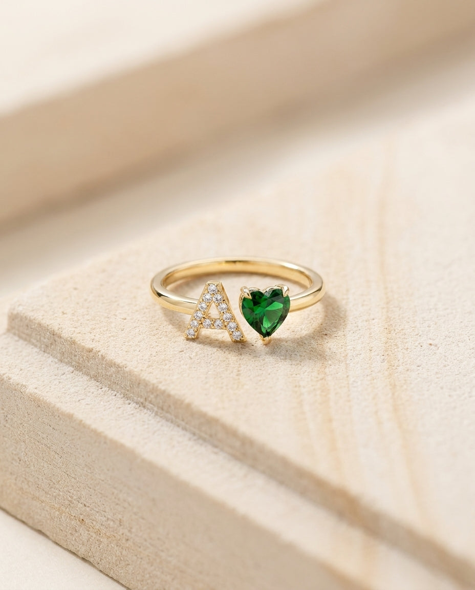 Personalized Gold Initial Ring with Heart Birthstone