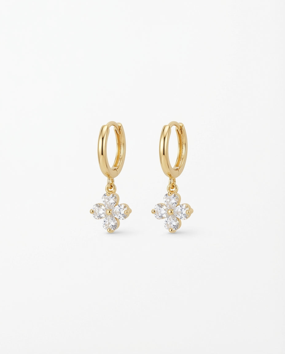 Crystal Clover Charm Gold Huggie Hoop Earring