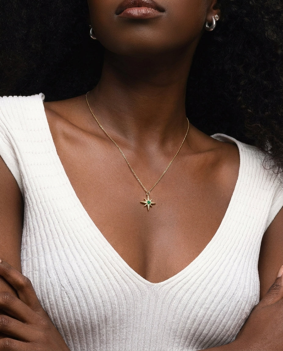 Emerald Starburst Gold Pendant Necklace | Celestial Jewelry