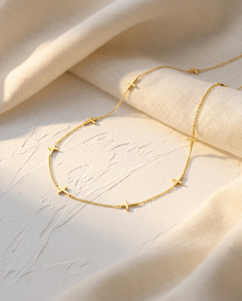 Dainty Gold Cross Station Necklace | Minimalist Faith Jewelry