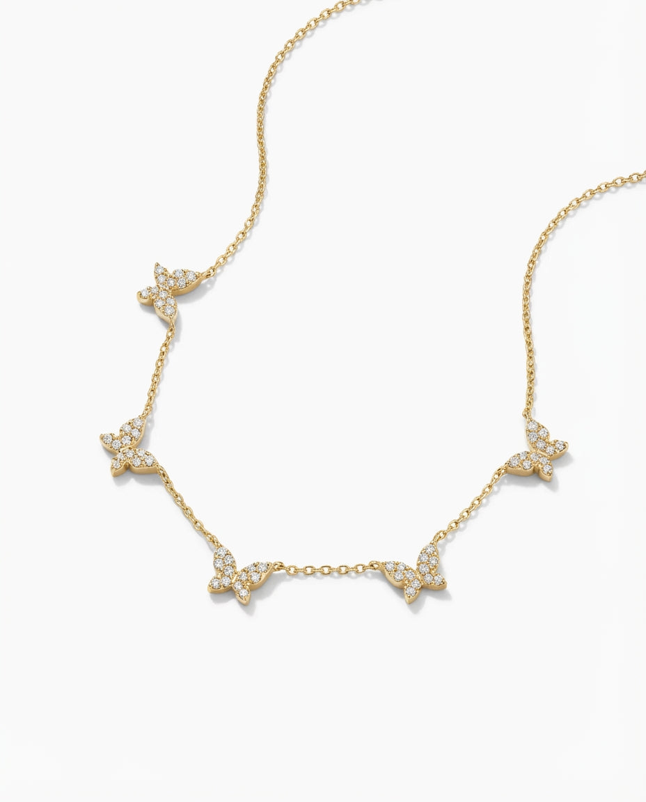 Dainty Pavé Diamond Butterfly Station Necklace in Gold