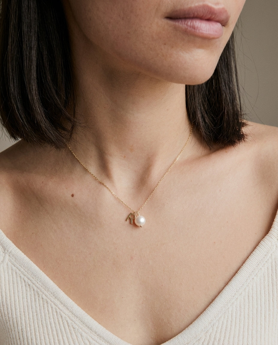 Gold Initial Pearl Necklace - Personalized Letter Charm Jewelry