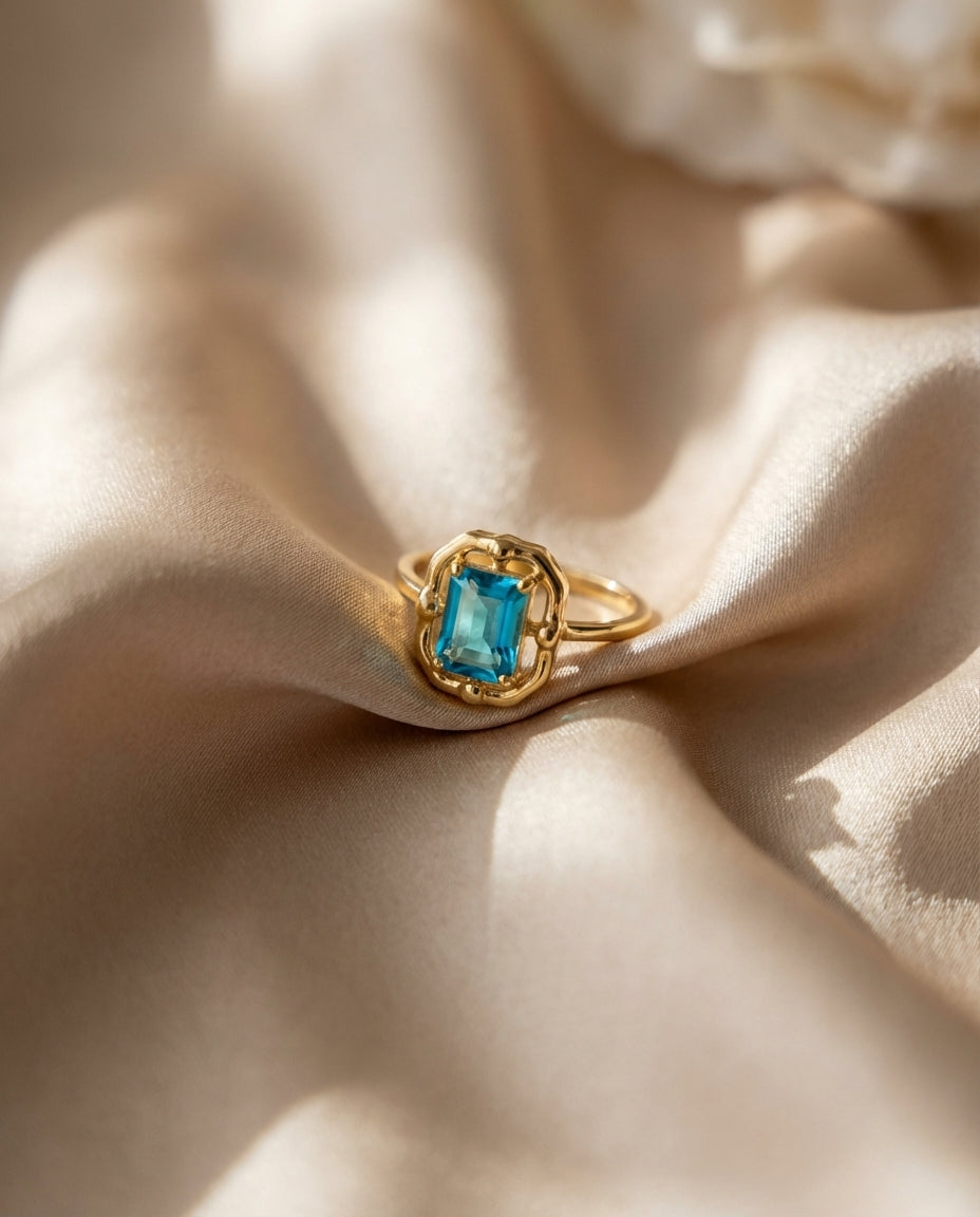 Vintage Gold Ring with Emerald Cut Blue Topaz