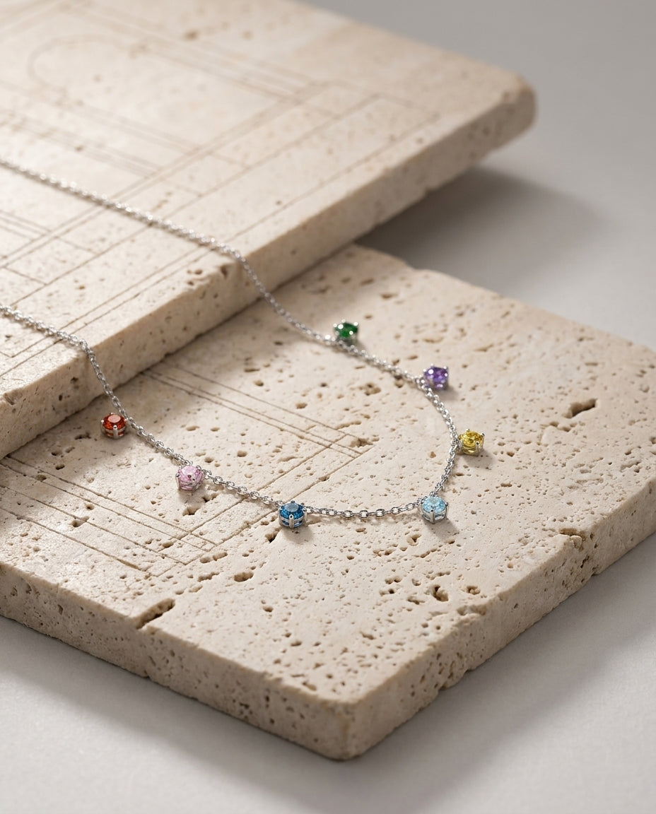 Dainty Rainbow Gemstone Station Necklace in Sterling Silver