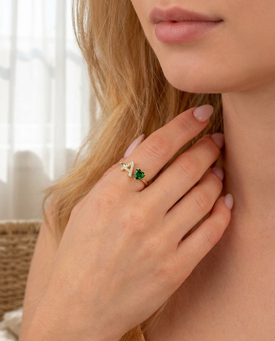 Personalized Gold Initial Ring with Heart Birthstone
