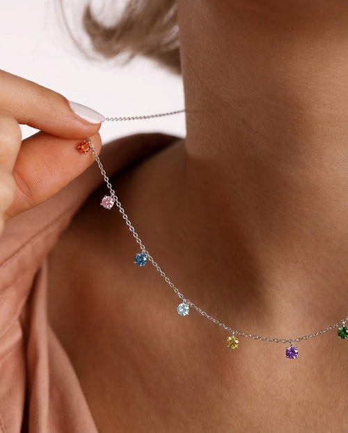 Dainty Birthstone Gemstone Station Necklace in Sterling Silver
