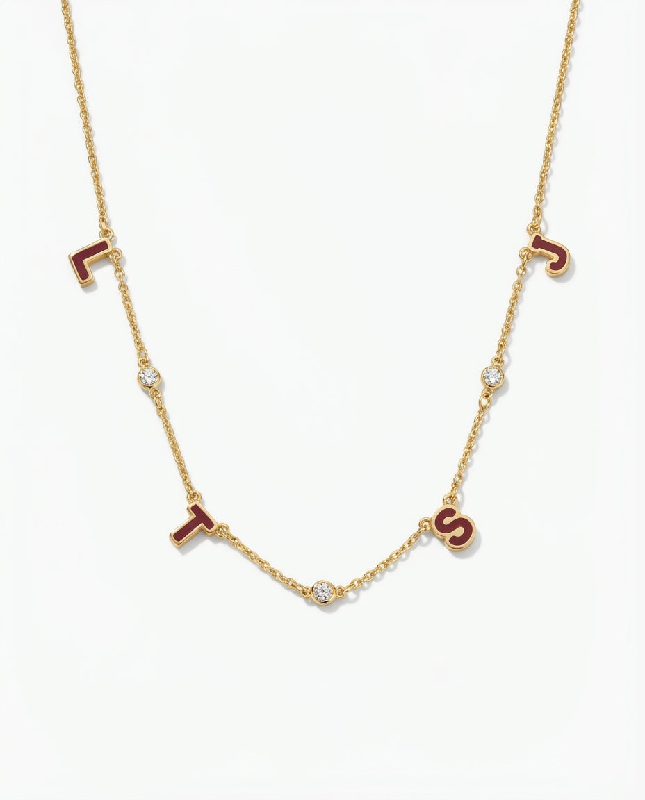 Custom Enamel Initial & Diamond Station Necklace - Gold