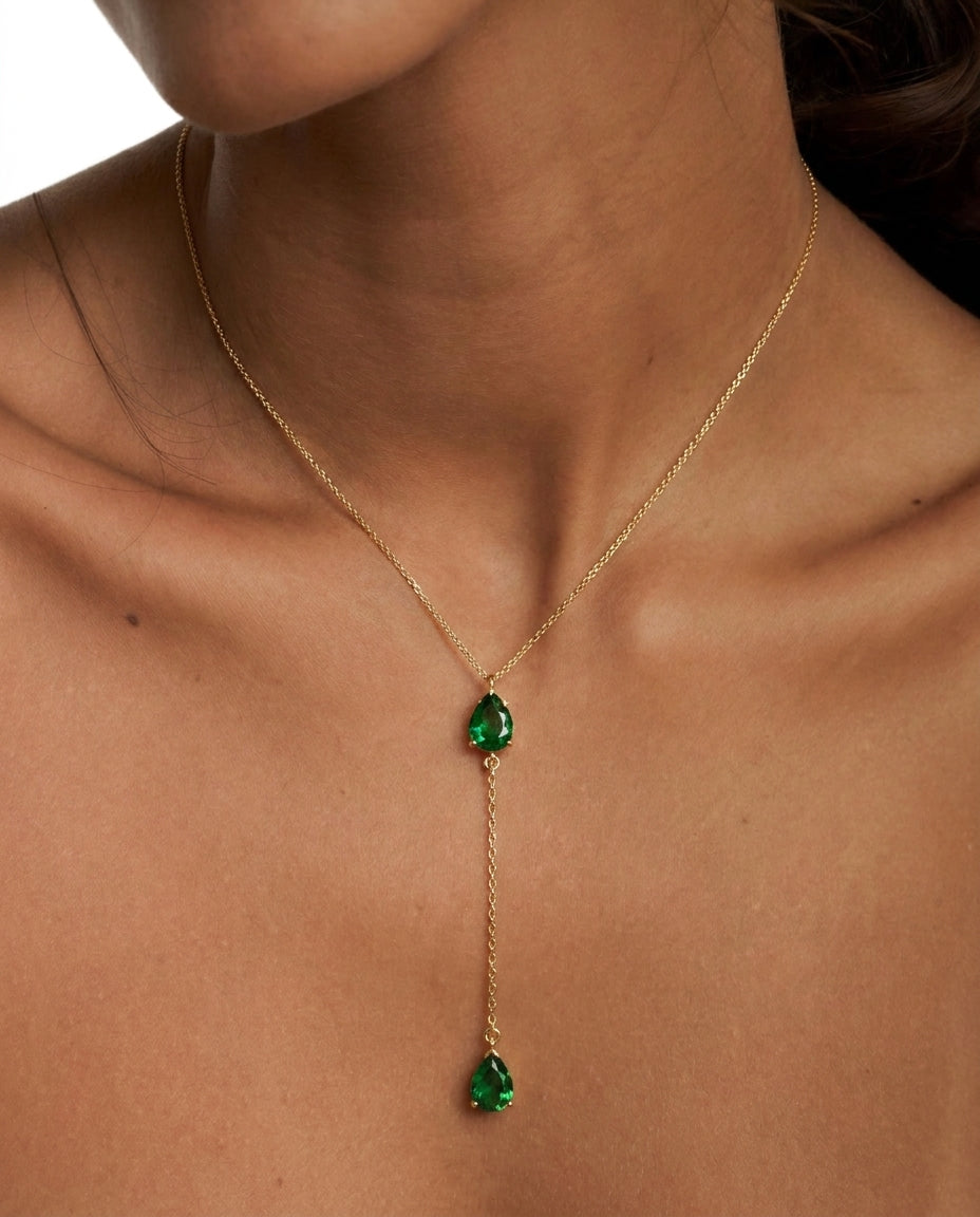 Emerald Green Teardrop Lariat Necklace | Dainty Gold Y-Necklace