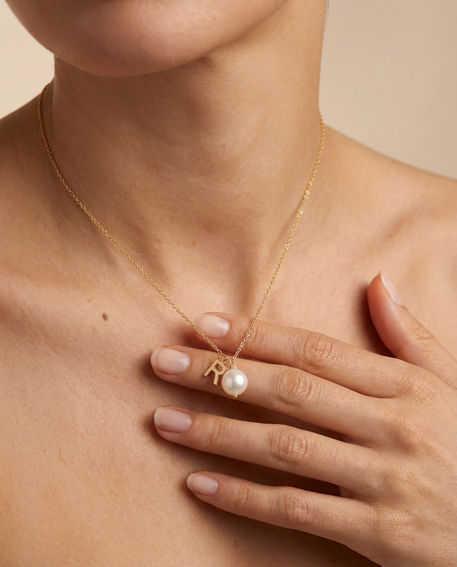 Gold Initial Pearl Necklace - Personalized Letter Charm Jewelry