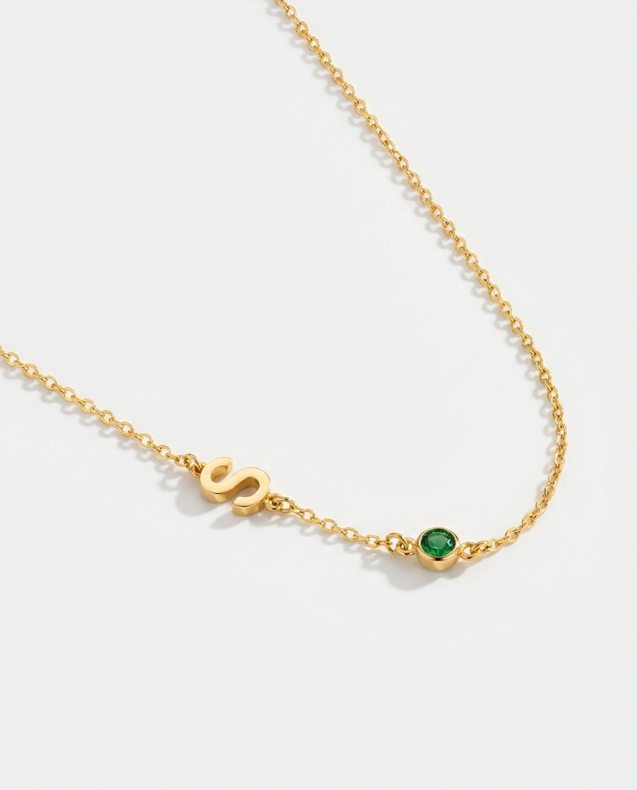 Personalized Initial & Birthstone Gold Necklace - Dainty Jewelry