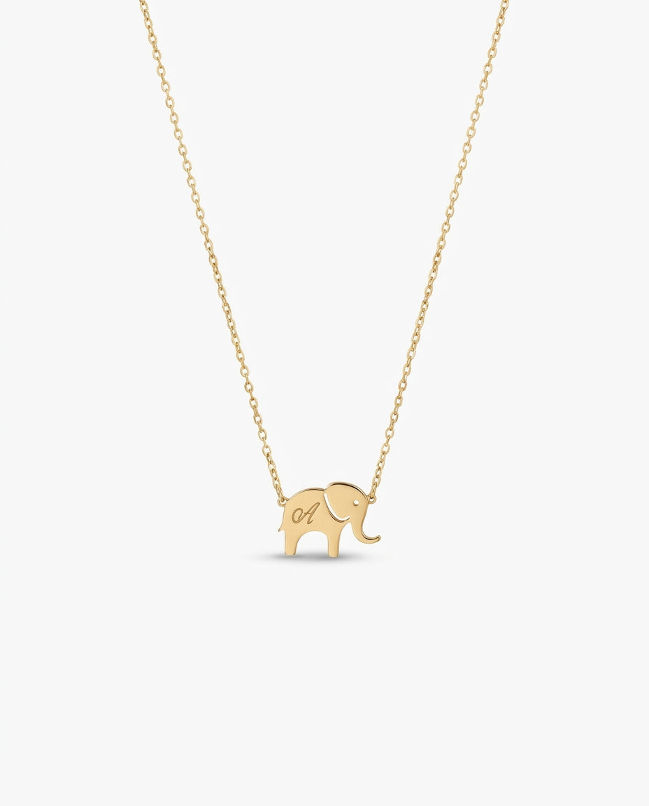 Personalized Initial Elephant Necklace in Gold - Dainty Charm Gift