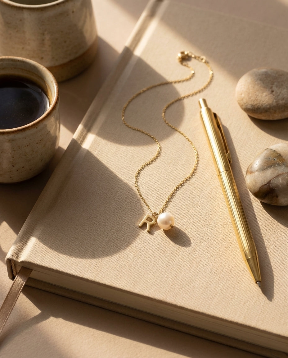 Gold Initial Pearl Necklace - Personalized Letter Charm Jewelry
