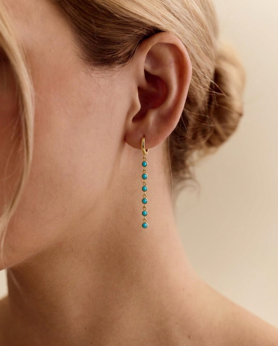 Elegant Turquoise Chain Drop Gold Hoop Earrings