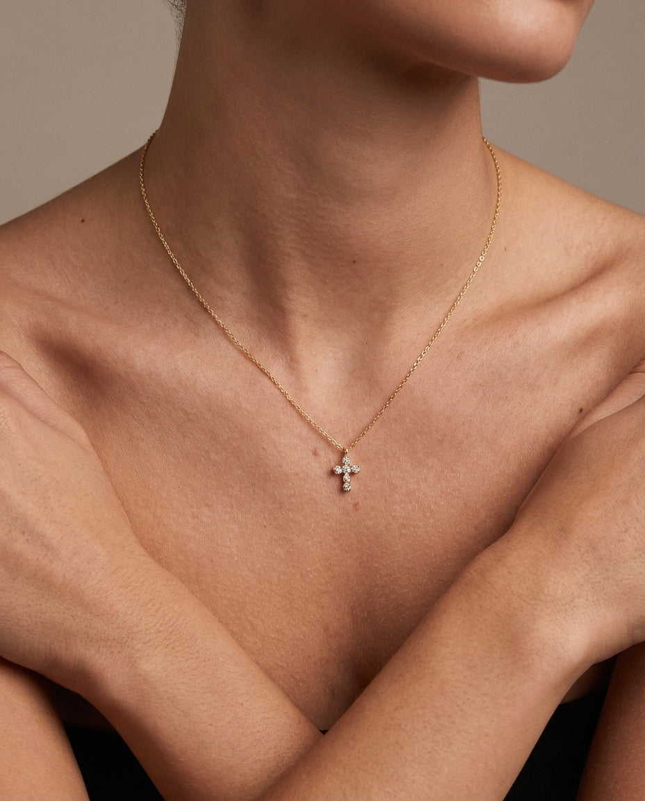 Dainty Pave Crystal Cross Necklace in Gold