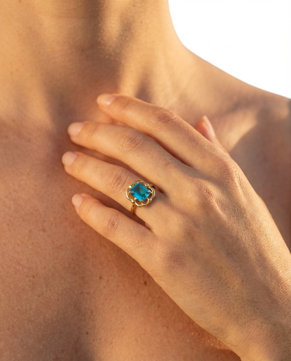 Vintage Gold Ring with Emerald Cut Blue Topaz