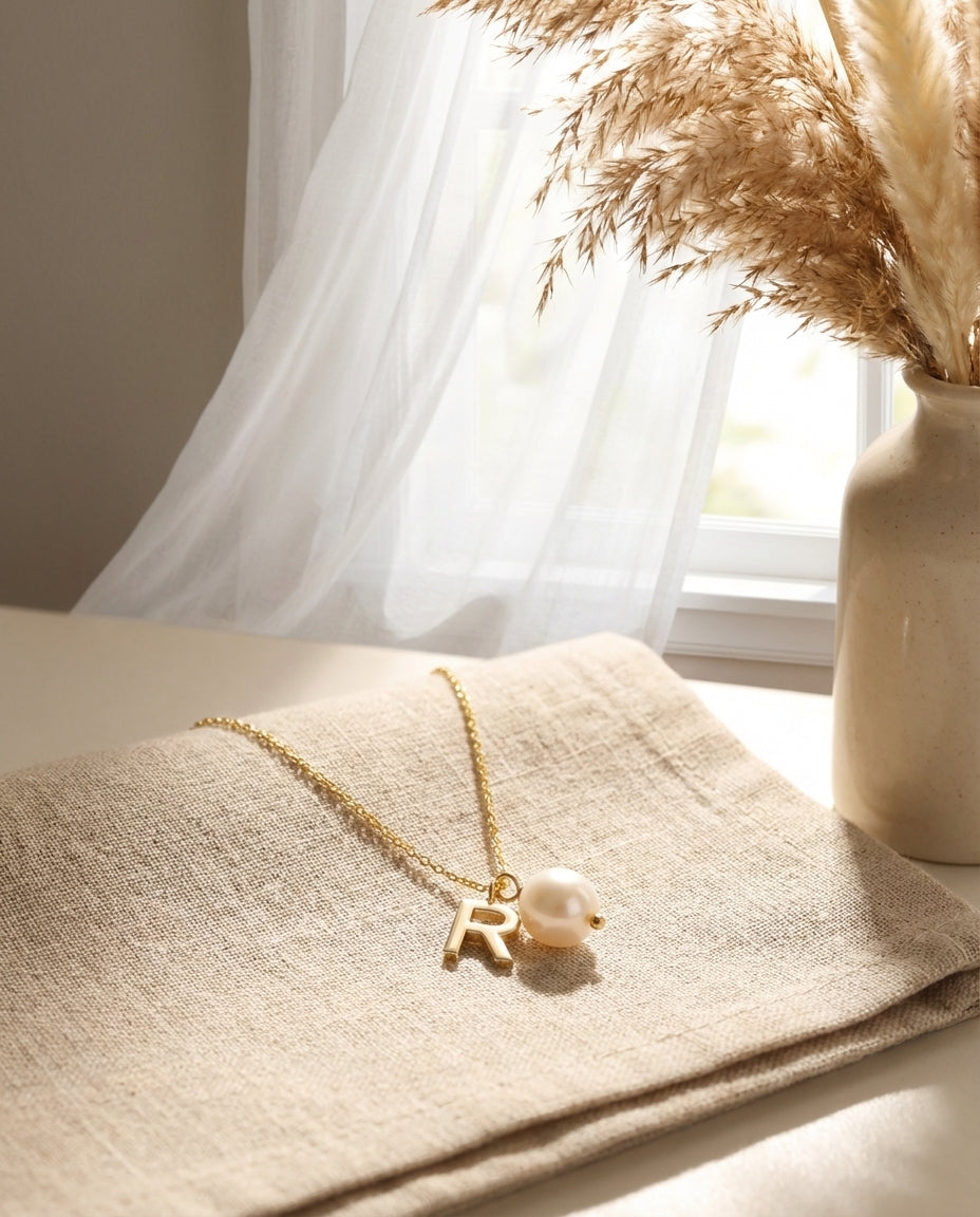 Gold Initial Pearl Necklace - Personalized Letter Charm Jewelry