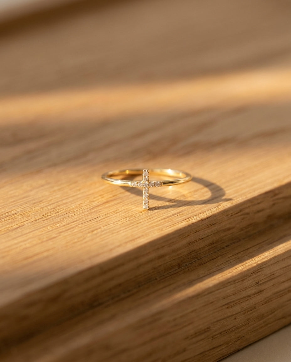 Dainty Pave Diamond Cross Ring in Silver