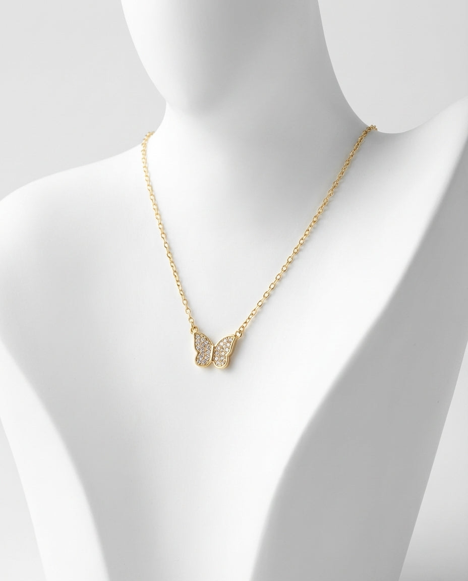 Dainty Gold Butterfly Necklace with Pave Diamonds