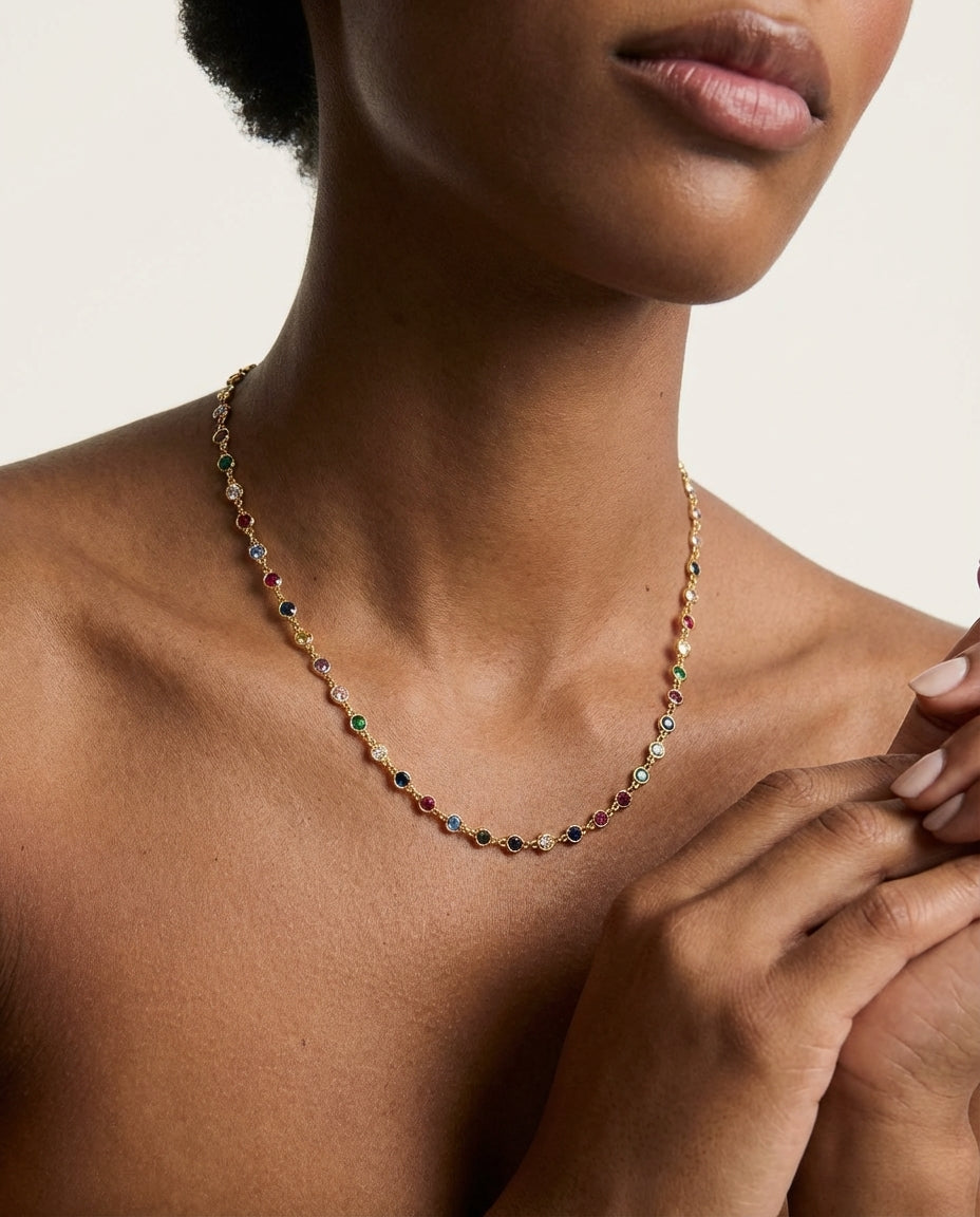 Vivid Rainbow Gemstone Gold Station Necklace