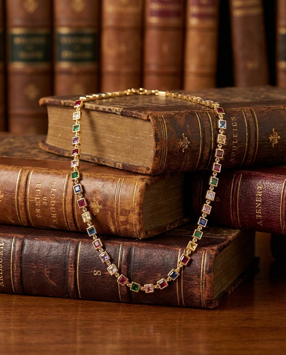 Vivid Rainbow Gemstone Gold Tennis Necklace