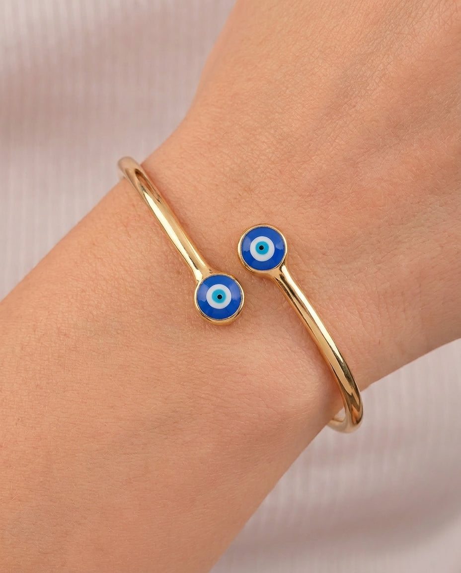 Gold Plated Double Evil Eye Cuff Bracelet for Women
