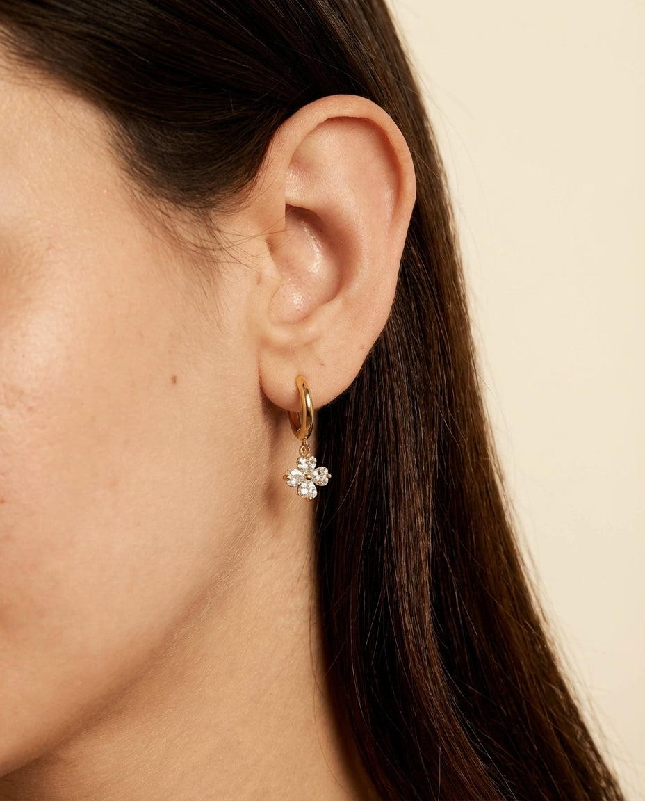 Crystal Clover Charm Gold Huggie Hoop Earring