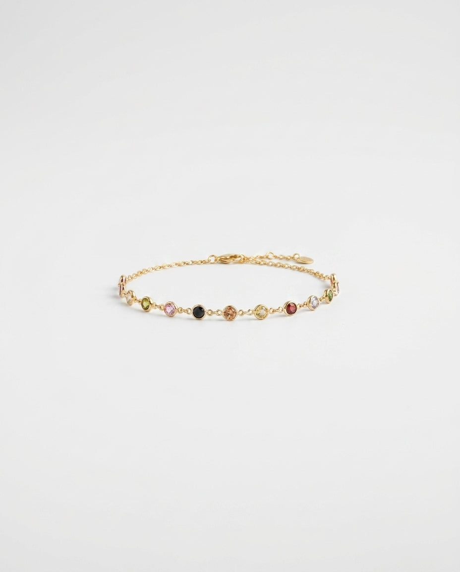 Rainbow Gemstone Bezel Chain Ankle Bracelet in Gold