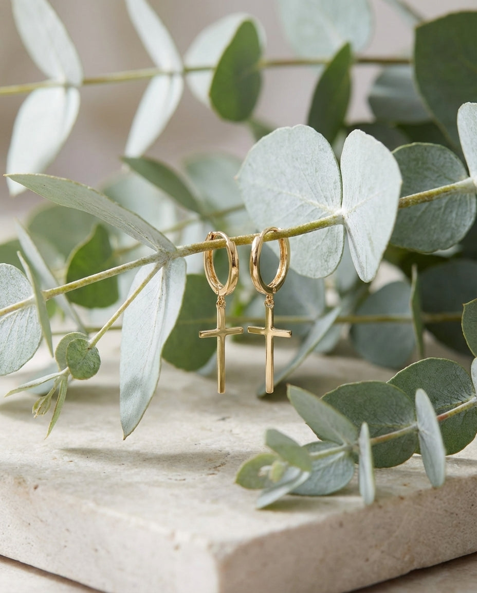 Gold Cross Dangle Hoop Earrings | Minimalist Faith Jewelry