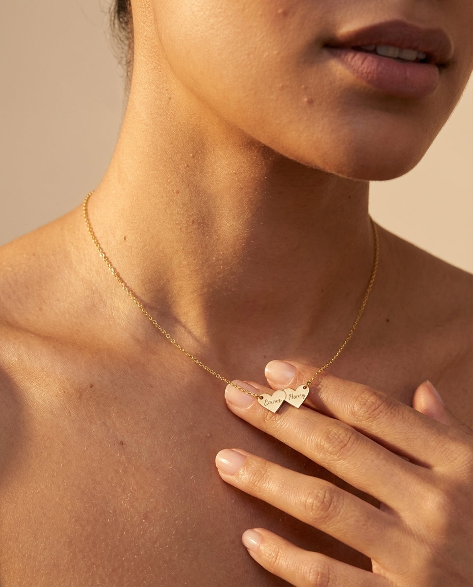 Personalized Double Heart Name Necklace - Custom Gold Jewelry Gift