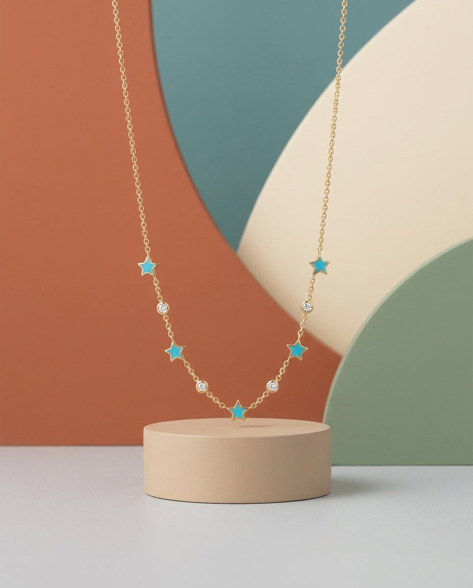 Celestial Turquoise Star & Mosanite Gold Necklace