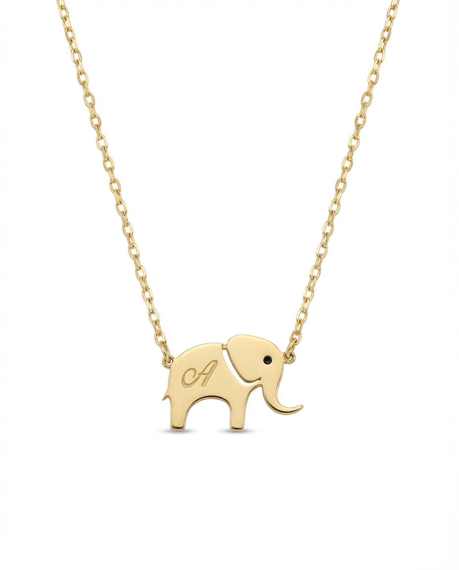 Personalized Initial Elephant Necklace in Gold - Dainty Charm Gift