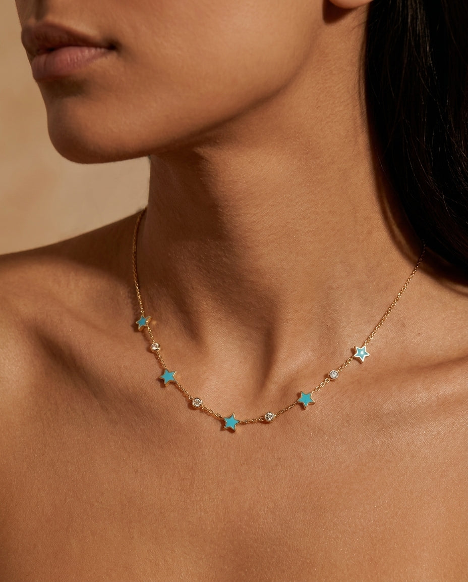 Celestial Turquoise Star & Mosanite Gold Necklace