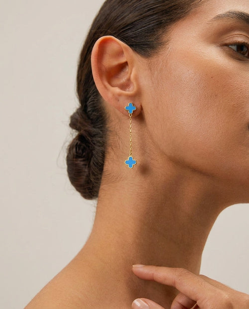 Blue Clover Gold Dangle Earrings - Enamel Drop Studs