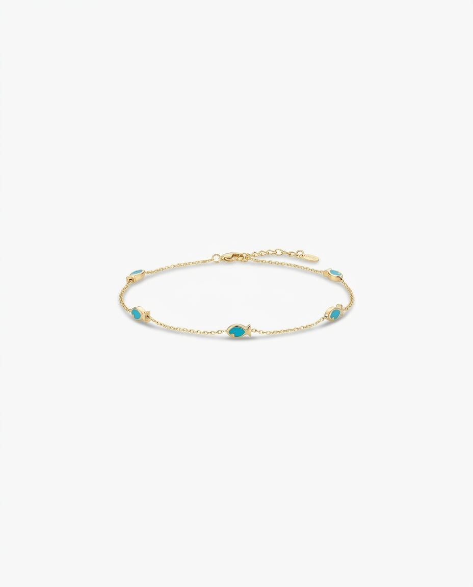 Dainty Gold Bracelet with Turquoise Fish Charms
