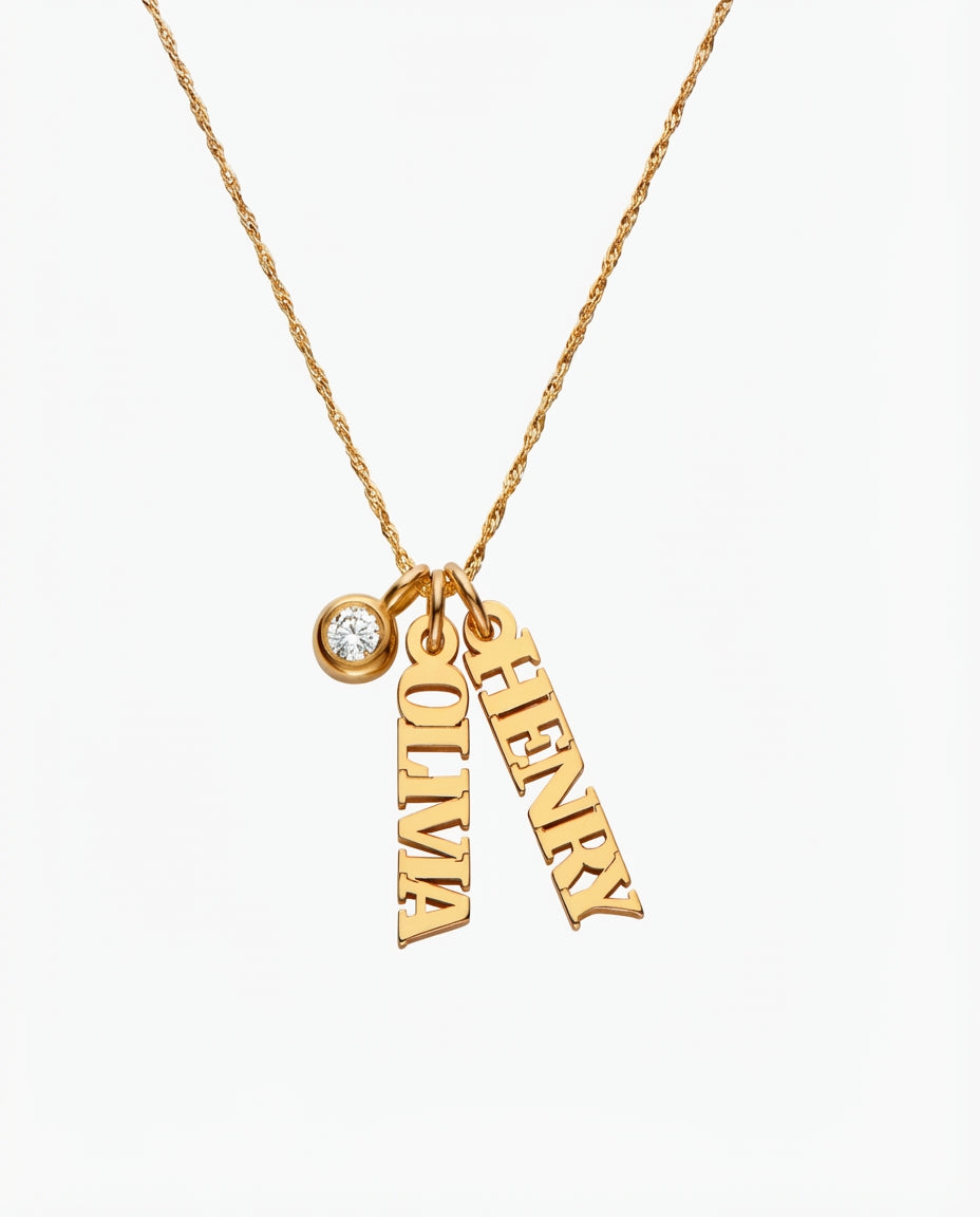 Personalized Vertical Name Necklace with Birthstone in Gold
