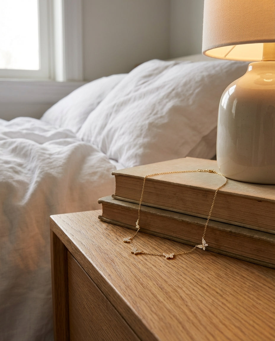 Dainty Pavé Diamond Butterfly Station Necklace in Gold