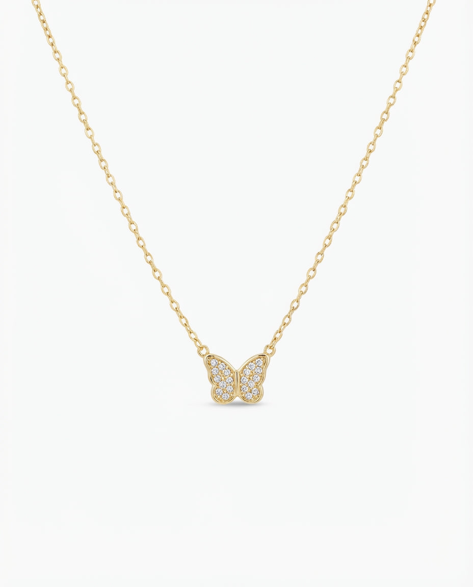 Dainty Gold Butterfly Necklace with Pave Diamonds
