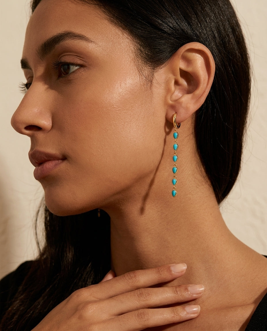 Turquoise Teardrop Cascade Gold Dangle Earring