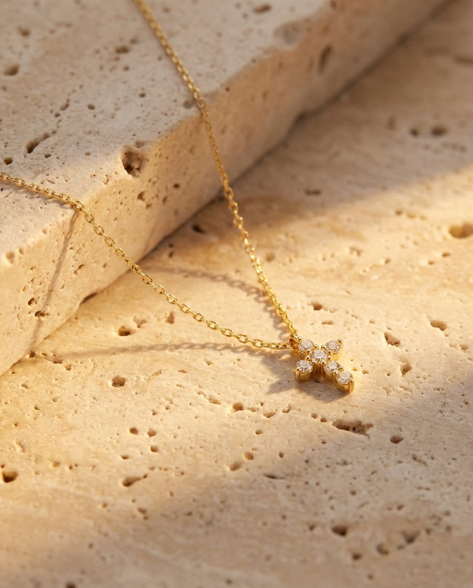 Dainty Gold Cross Necklace with Sparkling CZ Stones