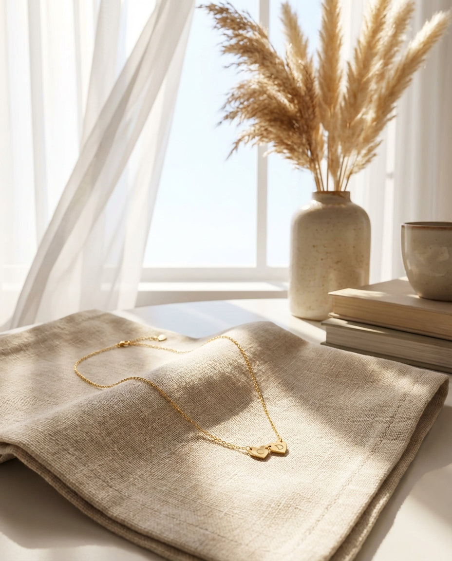 Personalized Double Heart Initial Necklace - Dainty Gold Jewelry