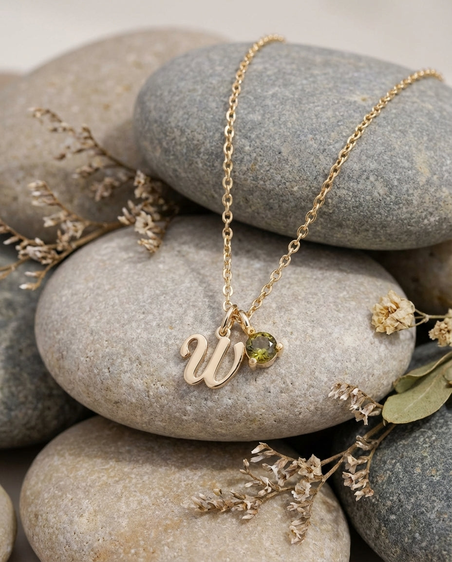 Personalized Initial & Birthstone Necklace in Gold