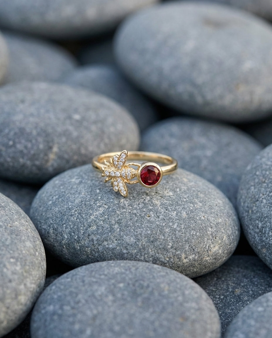 Gold Bee Ring with Birthstone & Pave Ring